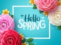 Hello spring vector background. Spring greeting text, colorful camellia flowers