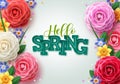 Hello spring vector concept design. Spring greeting text with colorful camellia flowers