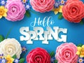 Hello spring vector design. Hello spring greeting text with colorful camellia flowers and leaves