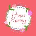 Hello spring vector greetings design with flower elements on pink background, doodle style vector Royalty Free Stock Photo