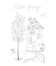 Hello spring vector illustration in line art. linear art drawing of a house, tree, flowers and lettering. black and white outline.