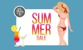 Hello Summer. Abstract girl wearing swimsuit and big hat, Vector illustration - Vector Royalty Free Stock Photo