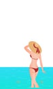 Hello Summer. Abstract girl wearing swimsuit and big hat, standing on the beach. Sea background. Royalty Free Stock Photo