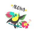 Hello summer. Aloha. Cute funny cartoon Toucan. Tropical paradise. Vector illustration. Royalty Free Stock Photo