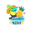 Hello summer. Aloha. Cute funny cartoon Toucan. Tropical paradise. Vector illustration. Royalty Free Stock Photo