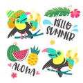 Hello summer. Aloha. Cute funny cartoon Toucan. Tropical paradise. Vector illustration. Royalty Free Stock Photo