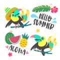 Hello summer. Aloha. Cute funny cartoon Toucan. Tropical paradise. Vector illustration.