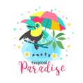 Hello summer. Aloha. Cute funny cartoon Toucan. Tropical paradise. Vector illustration. Royalty Free Stock Photo