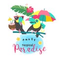 Hello summer. Aloha. Cute funny cartoon Toucan. Tropical paradise. Vector illustration. Royalty Free Stock Photo