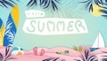 Hello Summer background with beach vacation holiday theme with surfboard, sunglass, ice cream on pink wave layer,Vector paper cut Royalty Free Stock Photo