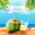 Hello summer background with coconut and drink Royalty Free Stock Photo