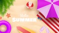 Hello Summer Background with Colorful Umbrella, Beach Ball, and Lifebuoy in the Sand Sea Shore for Summer Season. Vector Royalty Free Stock Photo