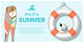 Hello summer background with lifebuoy and canoe paddle