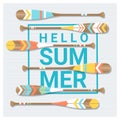 Hello summer background with painted canoe paddle Royalty Free Stock Photo