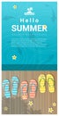 Hello summer background with sandals on wooden pier