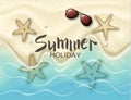 Hello summer. Background with starfish and sunglasses on the sand.Ocean and waves. Vector illustration eps 10 format