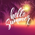 Hello summer background. Tropical palm leaves pattern, handwriting lettering. Palm Tree branches. Tropic paradise