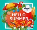 Hello summer background with tropical plants and flowers. For typographical, banner, poster, party invitation. Vector