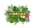 Hello summer background with tropical plants and flowers. For typographical, banner, poster, party invitation. vector illustration Royalty Free Stock Photo