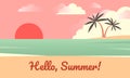 Hello summer banner. Background of sea beach with palms and sunrise. Good sunny day. Royalty Free Stock Photo