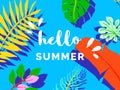 Hello summer banner/background template design, tropical plants on blue, colorful vibrant tones Royalty Free Stock Photo