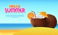 Hello summer banner card with realistic coconut drink water fruit with beach tropical island Royalty Free Stock Photo