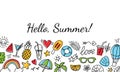 Hello summer banner. Summer color doodles icon set Royalty Free Stock Photo