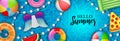 Hello summer banner with colorful inflatable balls, mattresses and swimming rings on pool water background Royalty Free Stock Photo