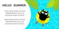 Hello Summer banner flyer. Pool party. Black cat floating on yellow pool float water circle. Top air view. Sunglasses. Swimming Royalty Free Stock Photo