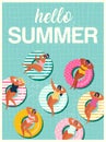 Hello Summer banner with gils on inflatable swim ring in swimming pool floats background, exotic floral design for Royalty Free Stock Photo