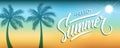 Hello Summer banner. Hand drawn lettering text design on blurred summer beach background.