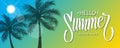 Hello Summer banner with hand drawn lettering text design. Sun and palm trees silhouette. Summertime background. Royalty Free Stock Photo