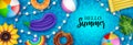 Hello summer banner with inflatable balls, mattress and swimming rings on pool water background Royalty Free Stock Photo