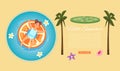 Hello summer, banner inscription, tropic holidays season, tropical poster, travel season, design cartoon style vector Royalty Free Stock Photo
