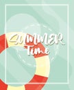 Hello summer banner, lifebuoy season vacations travel sticker