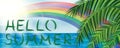 Hello summer banner with palm leaves and rainbow on sky and ocean background Royalty Free Stock Photo