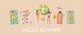 Hello summer banner or poster with people on beach, flat vector illustration.