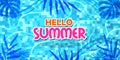 Hello summer banner poster pool illustration flat lay relax tropical leaves shadow