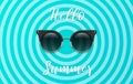Hello summer banner with realistic sunglasses on blue circles background