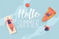 Hello Summer Banner with Relaxed Male and Female Characters Enjoying Summer Time Vacation Floating on Air Mattresses