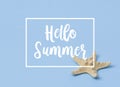 Hello summer banner with starfish on blue background