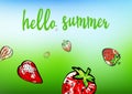 Hello summer banner. Strawberry abstract composition on green and blue background. Berries grunge texture and stained. Whole