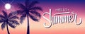 Hello Summer banner with sun and palm trees silhouette. Hand drawn lettering. Summertime background. Royalty Free Stock Photo