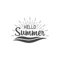 Hello summer. Banner hello summer with sunburst and waves. Sumer illustration. Text summer in lettering style. Vector