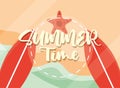 Hello summer banner, surfboards starfish beach season vacations travel concept