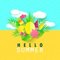 Hello Summer banner with Sweet Travel Vacation Elements. Paper Art. Tropical plants, flowers, pineapple, ice cream Royalty Free Stock Photo