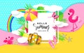 Hello Summer banner with Sweet Vacation Elements. Paper Art. Tropical plants, butterflies,pink flamingo, pineapple, crab Royalty Free Stock Photo