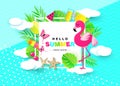 Hello Summer banner with Sweet Vacation Elements. Paper Art. Tropical plants, butterflies,pink flamingo, pineapple, ice cream, che Royalty Free Stock Photo