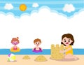 Hello summer banner template of Cute kids on the beach. children cartoon isolated background vector illustration.