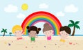 Hello summer banner template , Group of kids jumping on the beach, summer time, Relaxing children at seashore, Lounge time
